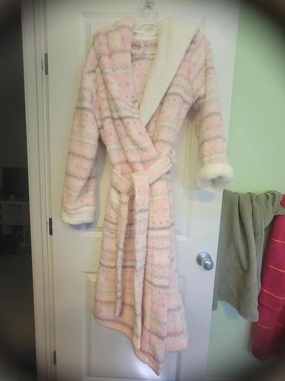 Plush pink and grey plaid hooded bathrobe