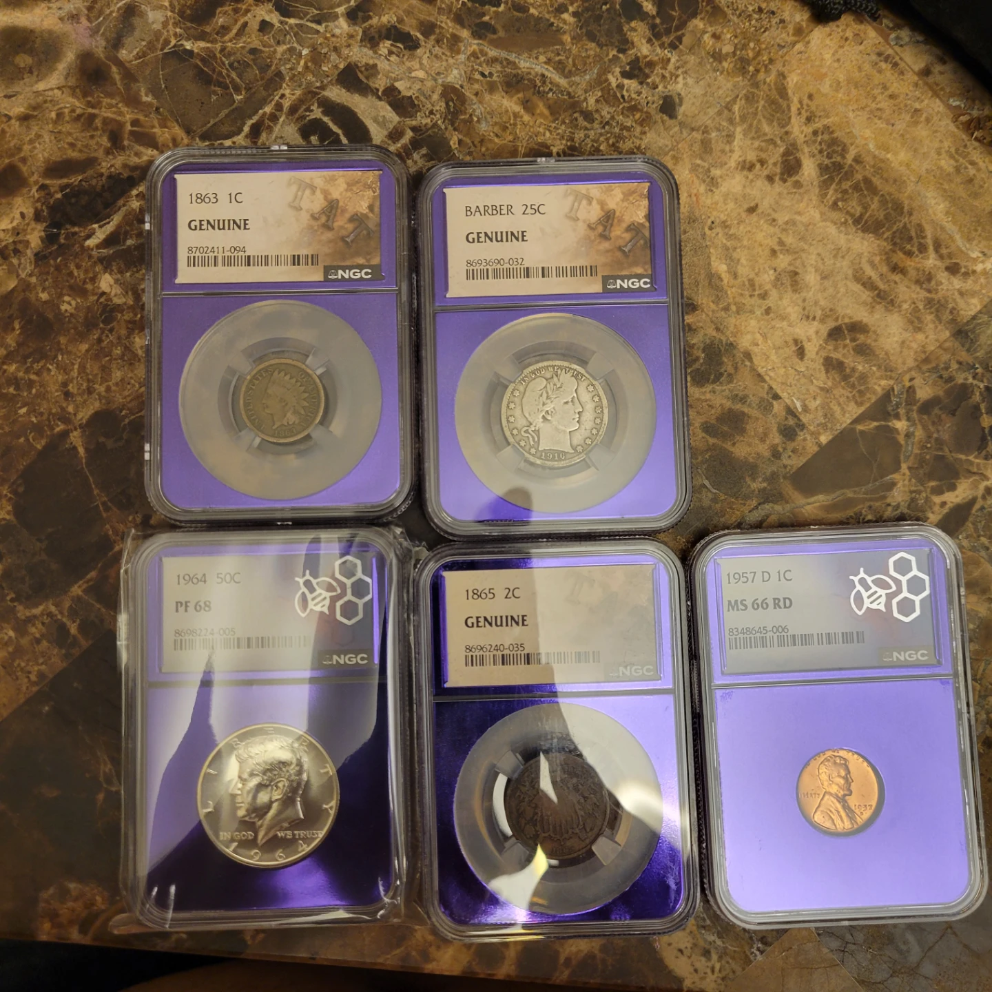 Assorted NGC Graded Coins: 1863 1C, 1916 Barber 25C,