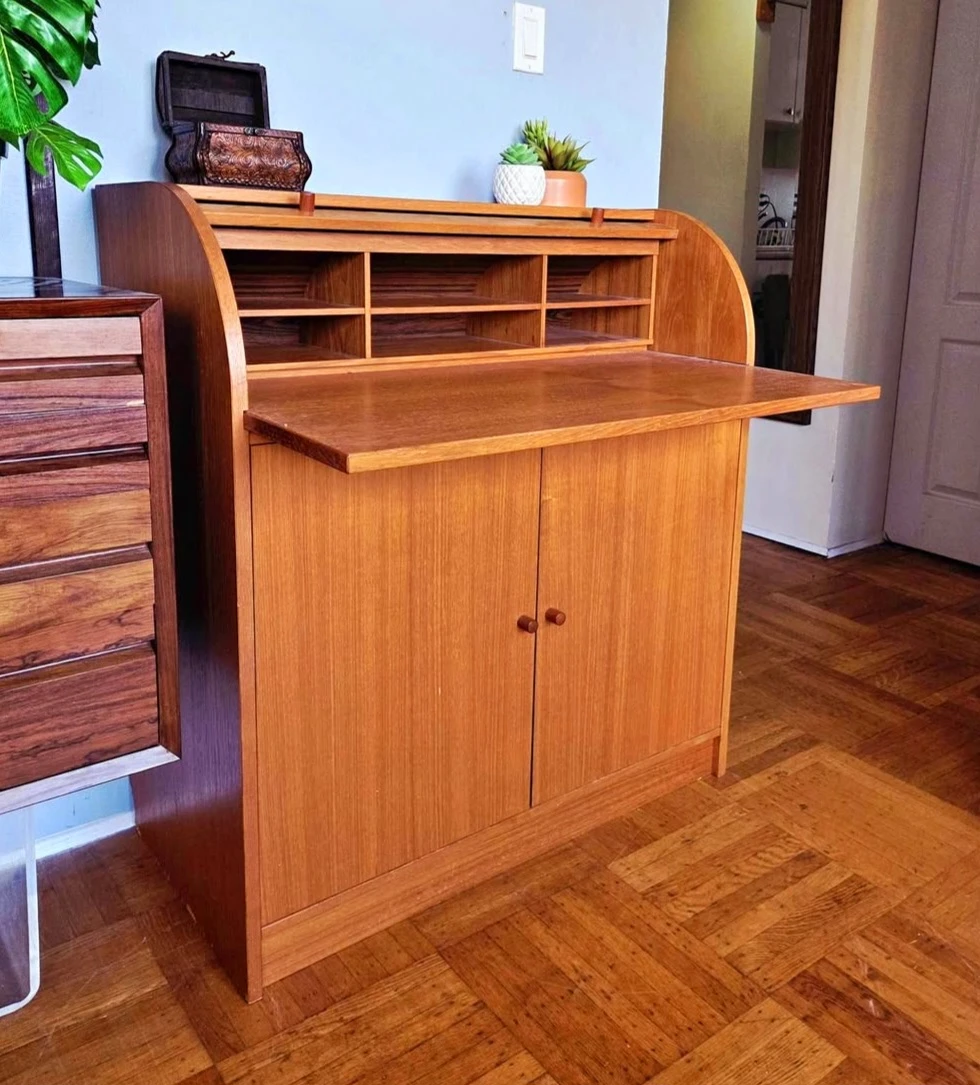 MCM Teak Roll Top Secretary Desk With Pull Out Extension - photo 2