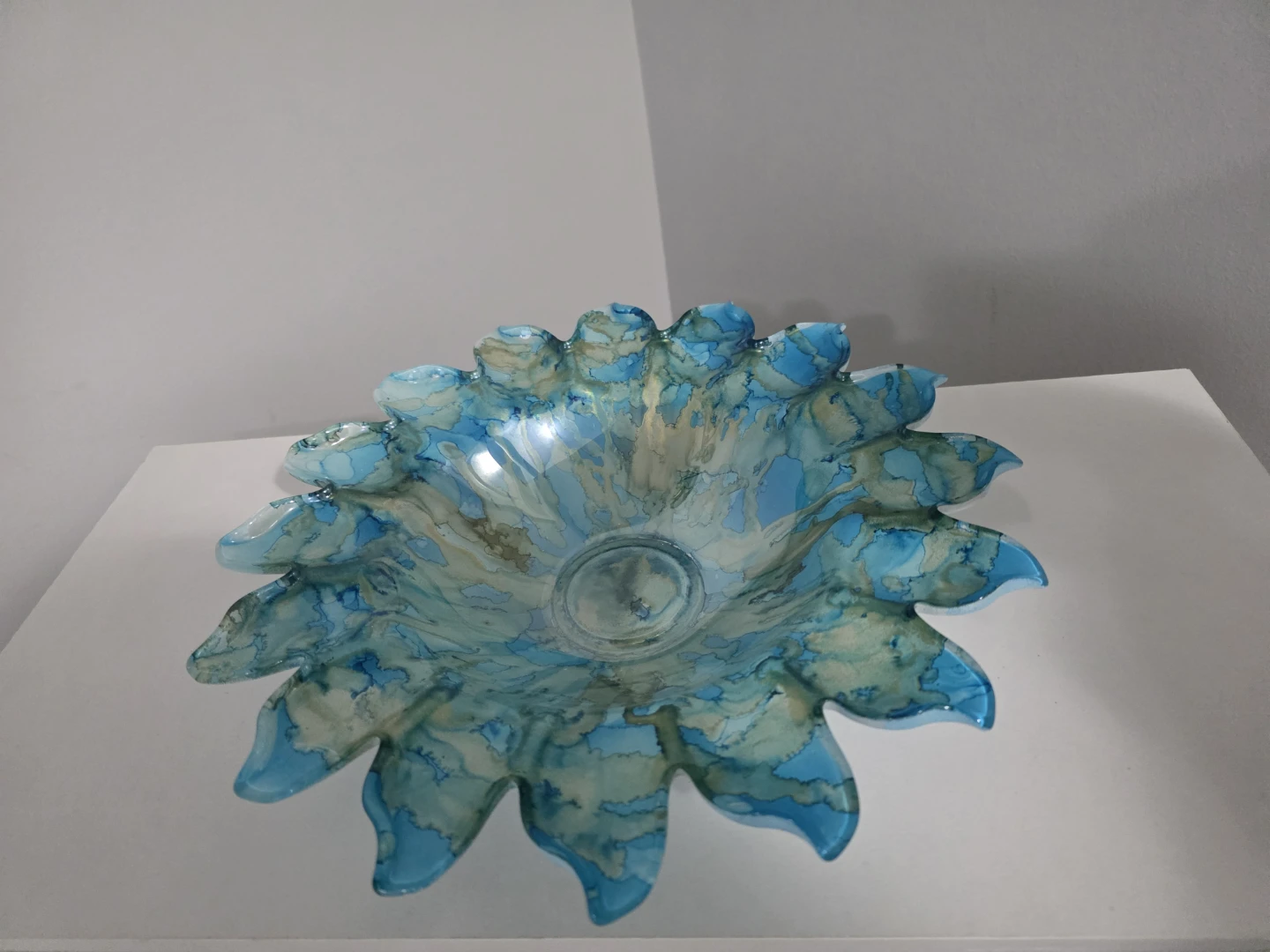 Blue Marbled Glass Flower Bowl - photo 2