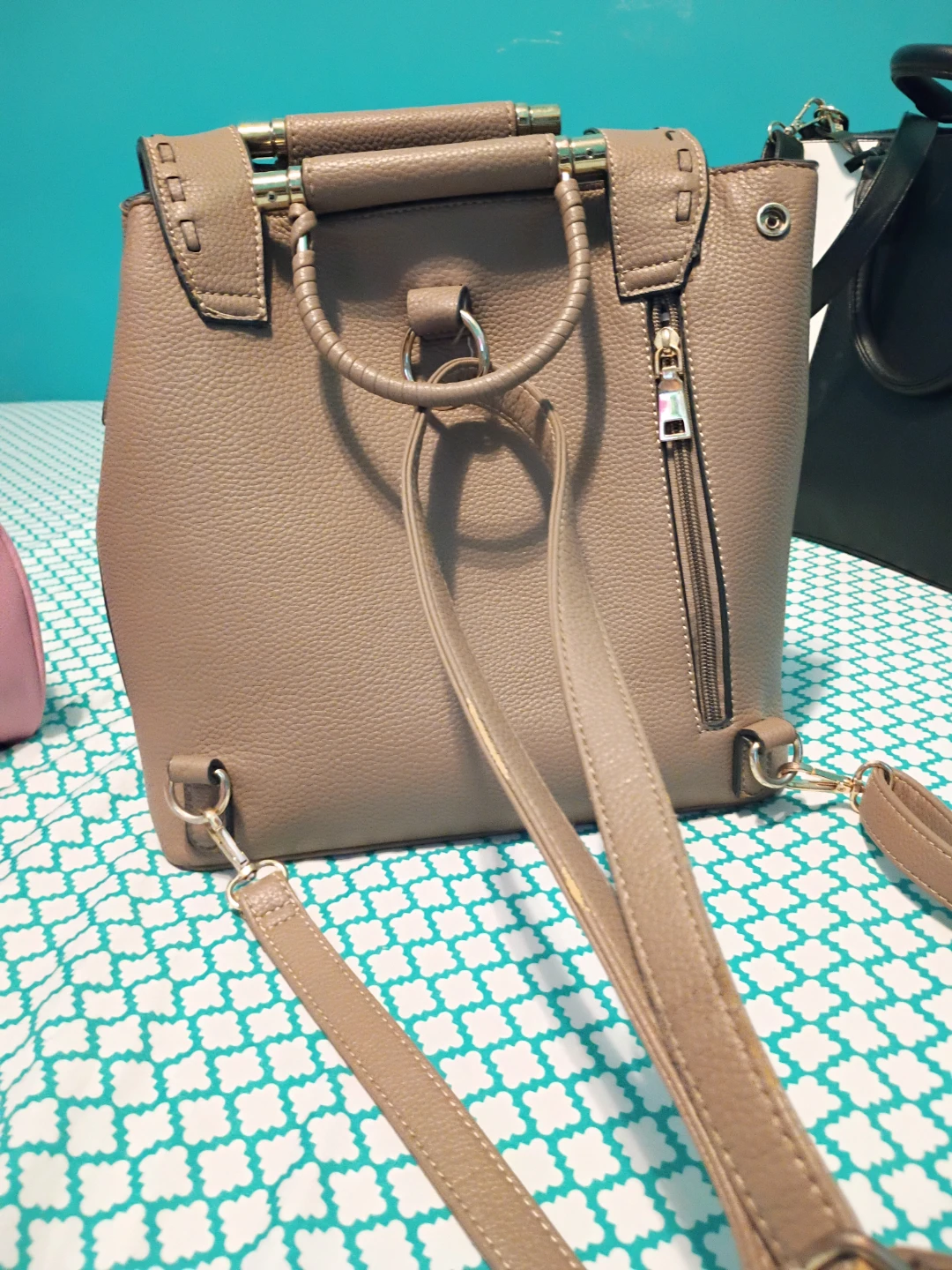 Taupe Faux Leather Convertible Backpack Purse