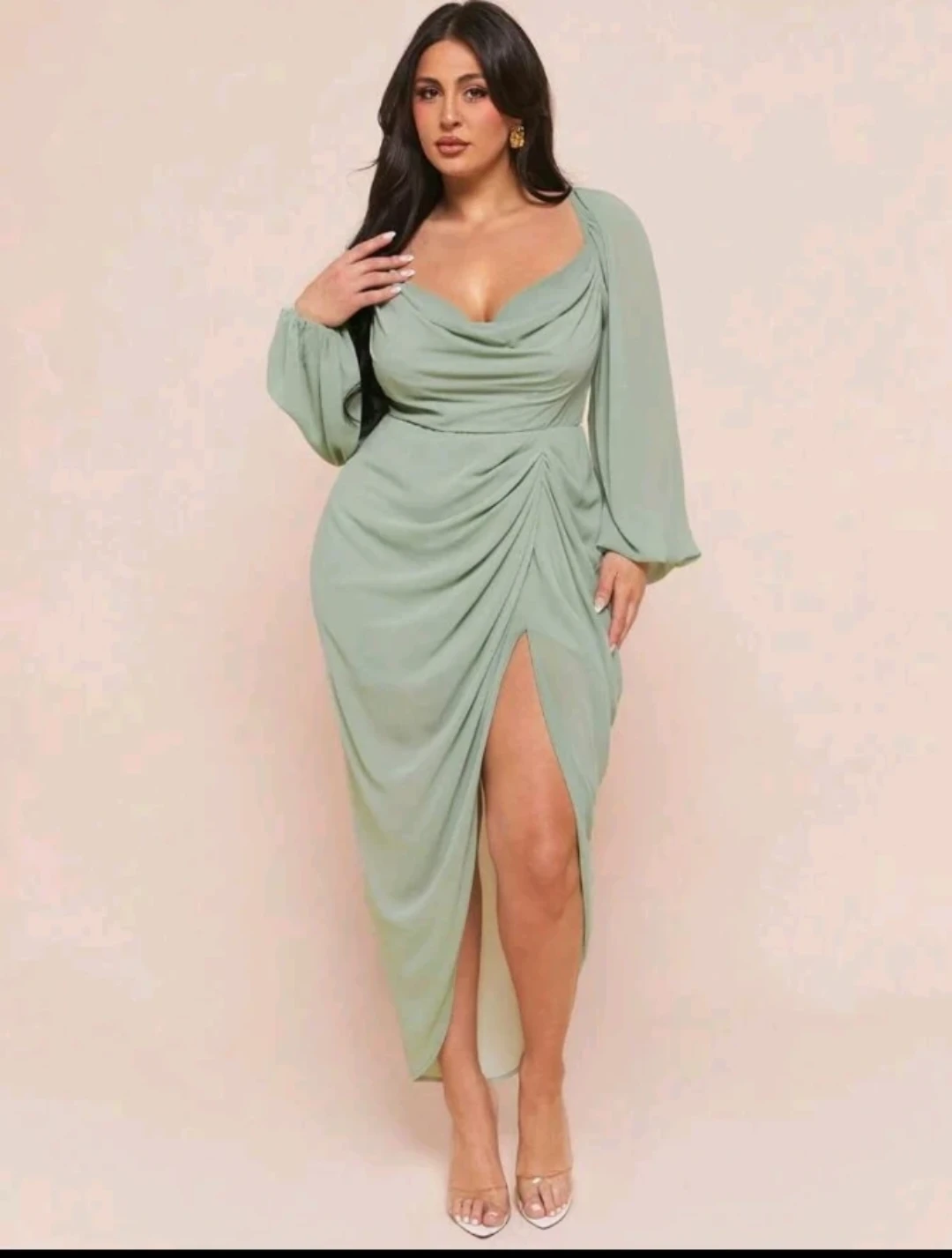 SHEIN CURVE Mint Green Ruched Drape Maxi Dress - photo 5