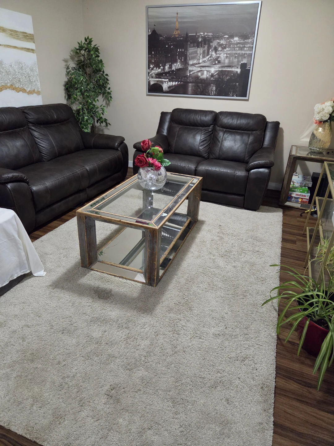 Brown Sofas, big & small glass table, carpet