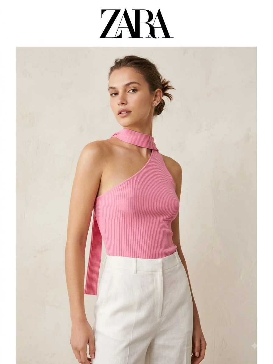 Pink Zara One-Shoulder Ribbed Top
