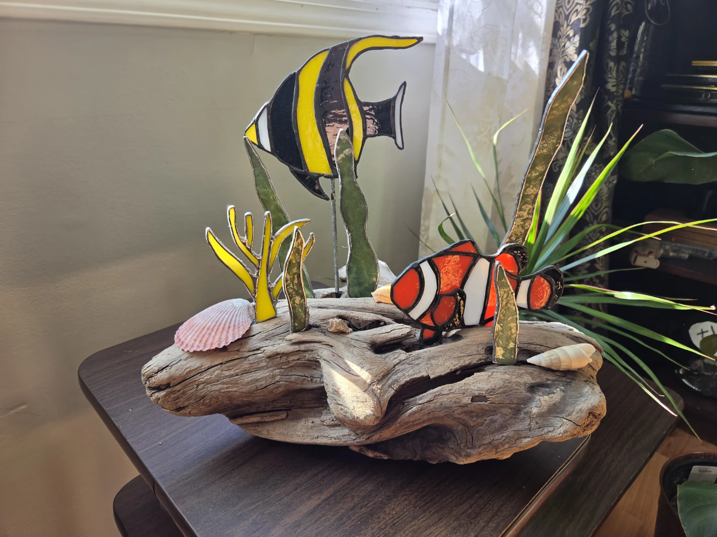 Stained Glass Fish on Driftwood Decor