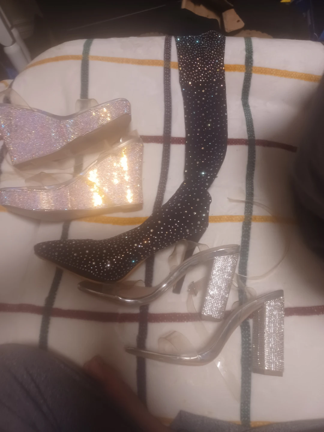 Rhinestone Embellished Shoes - Thigh High Boots & Heels