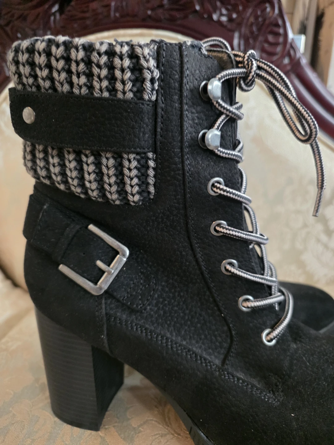 Black Lace-Up Heeled Boots with Knit Collar - photo 3