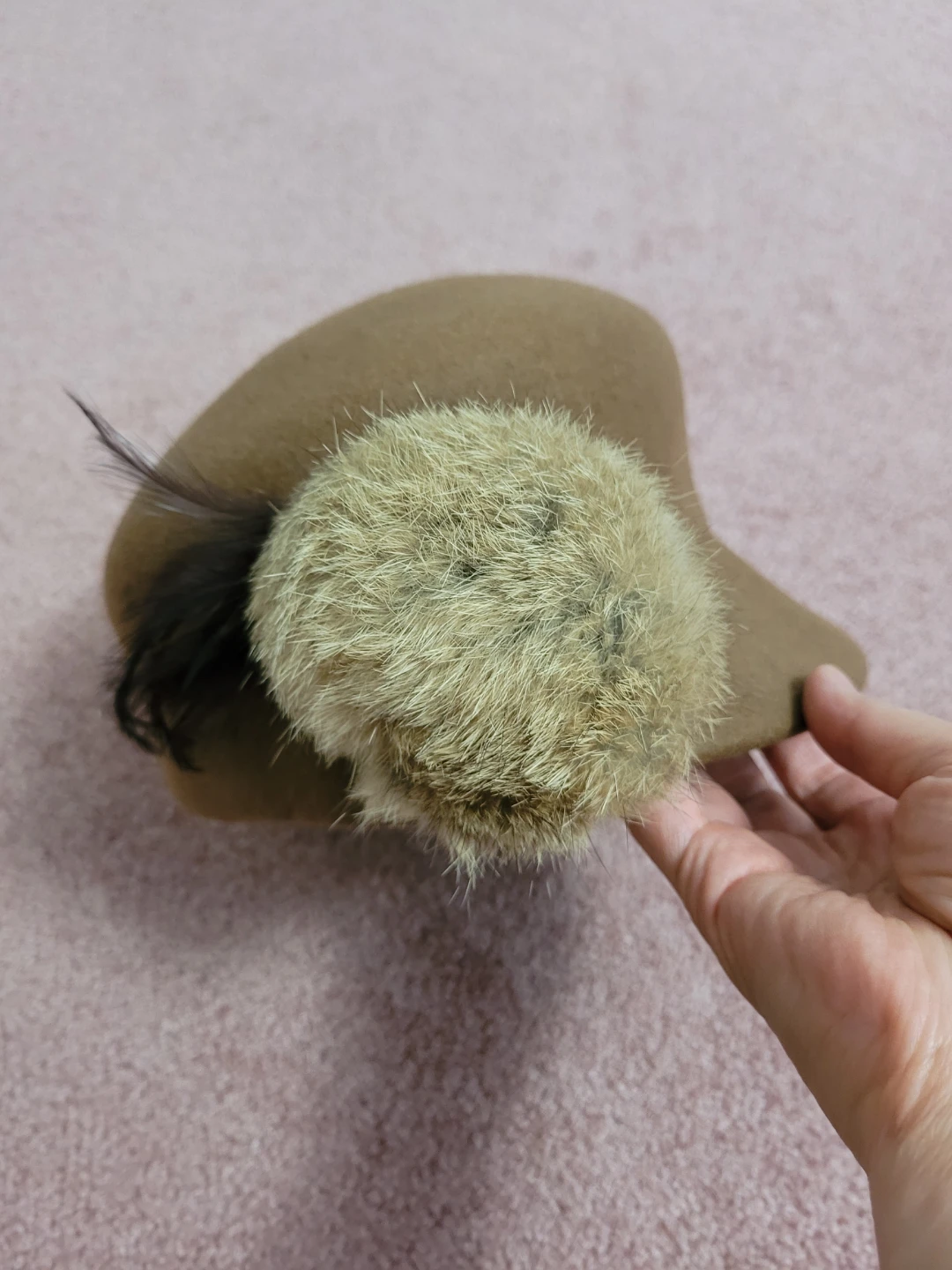 Brown 100% Wool Hat with Fur Pom-Pom and Feather