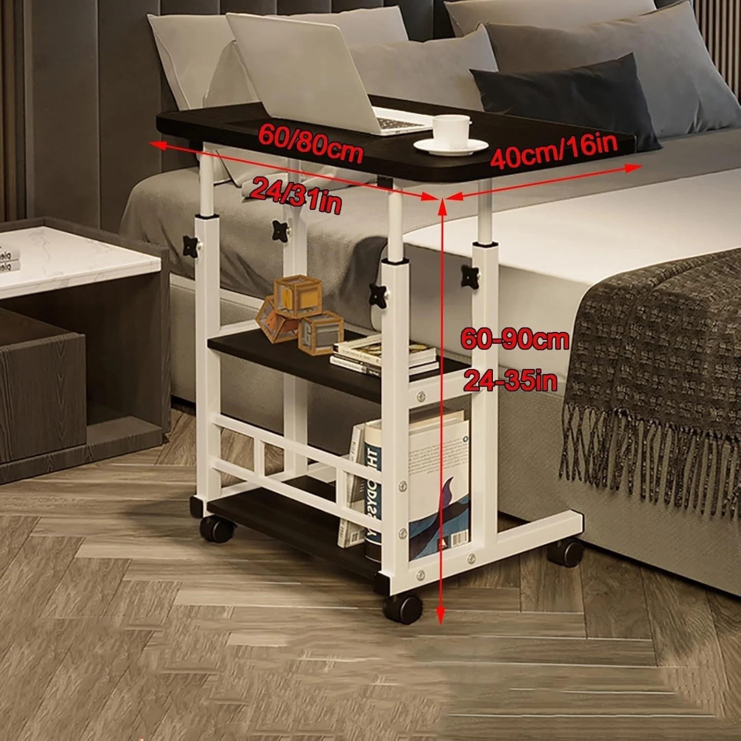 Adjustable Rolling Bedside Table with Shelves - photo 2