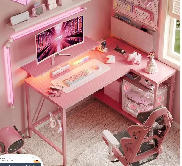 Pink L-Shaped Gaming Desk with LED Lights - photo 3