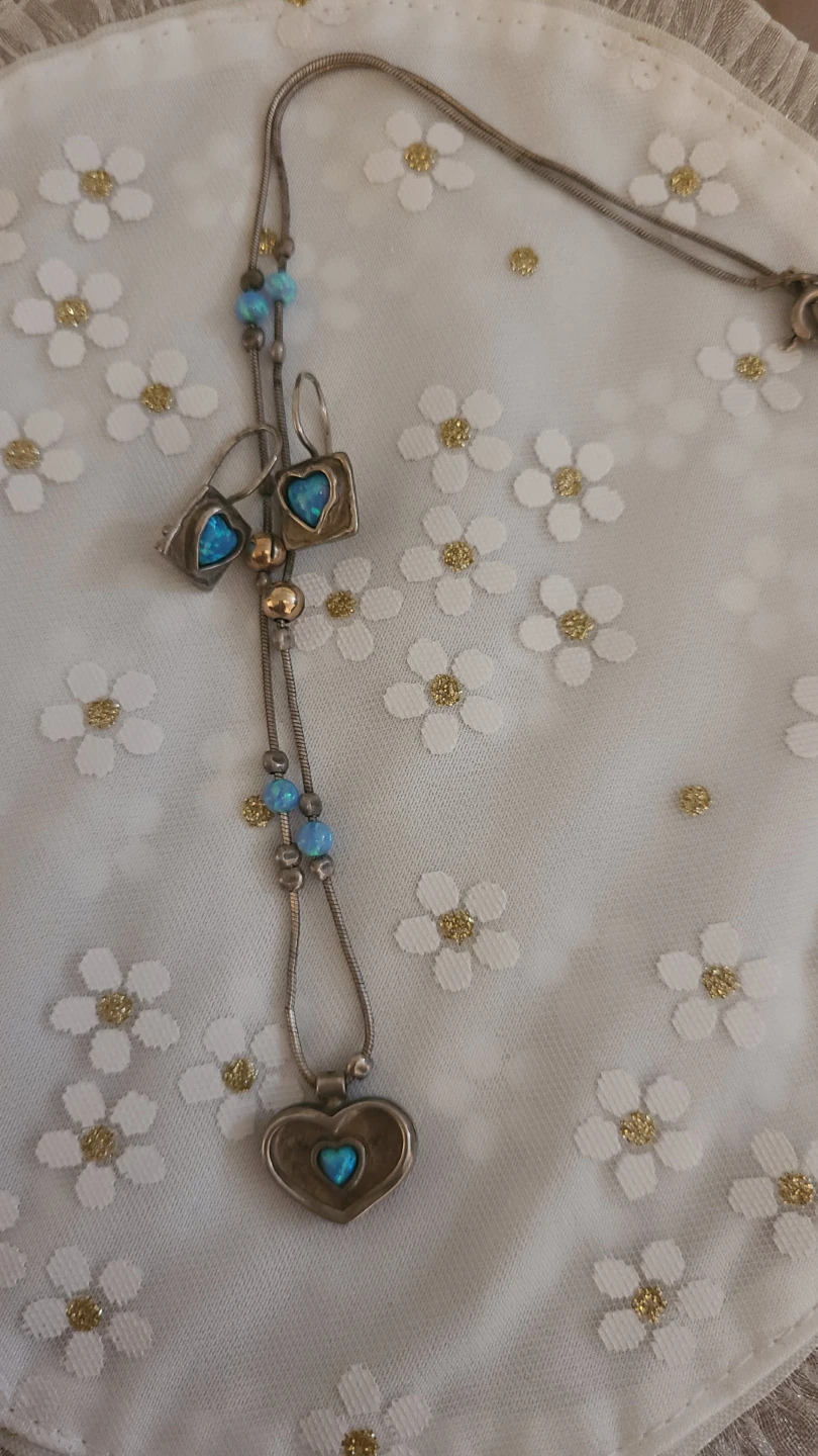 Sterling Silver Heart Necklace & Earrings Set with Blue Stone - photo 2