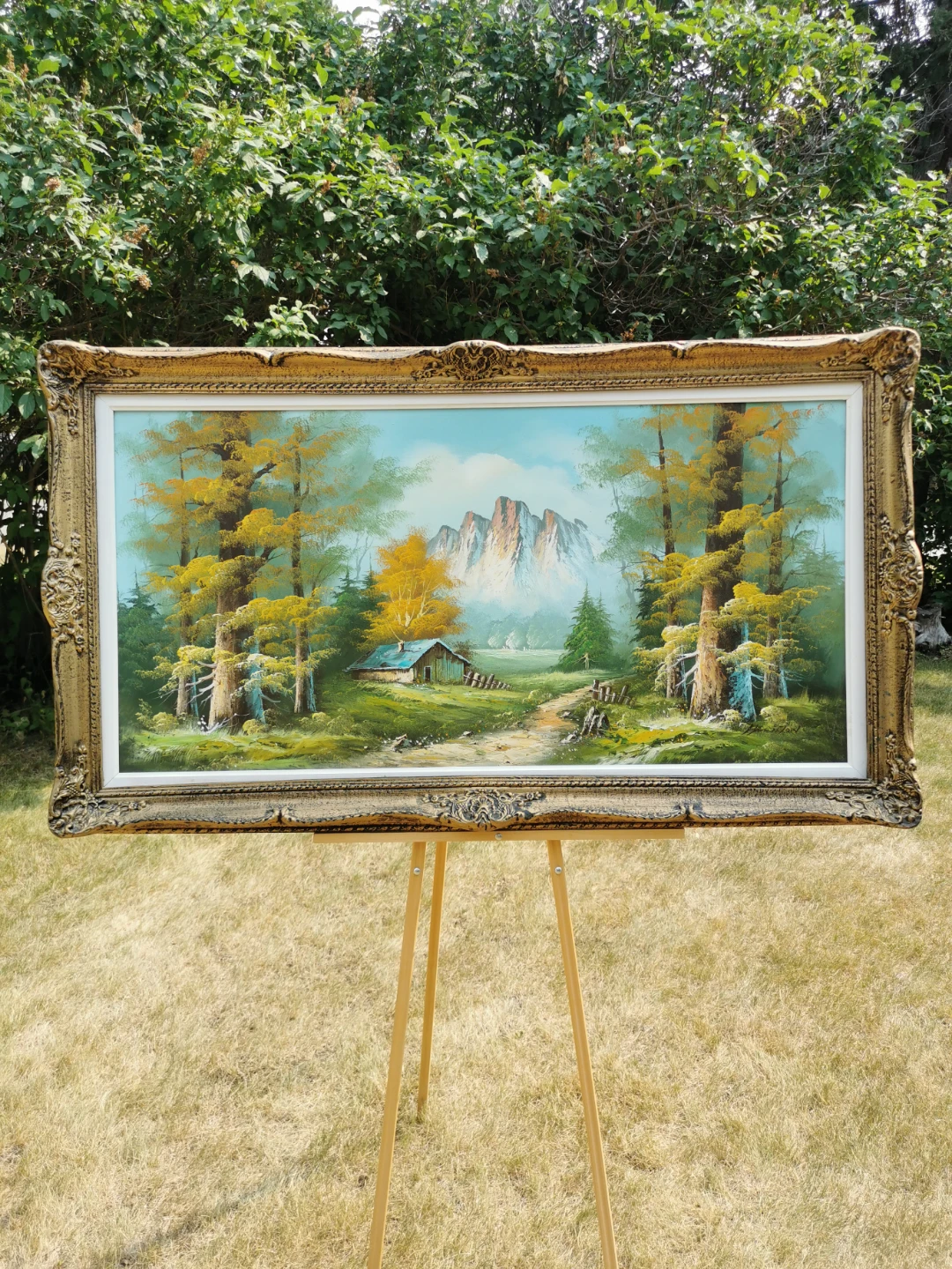 Vintage Large Mountain Landscape Oil Painting Ornate Gilt Frame - photo 2