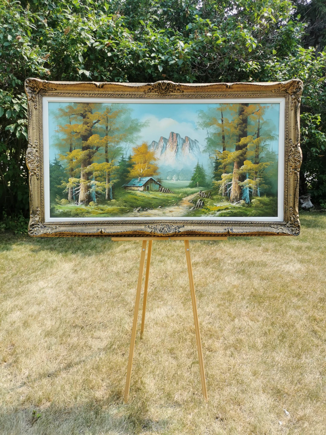Vintage Large Mountain Landscape Oil Painting Ornate Gilt Frame - photo 4