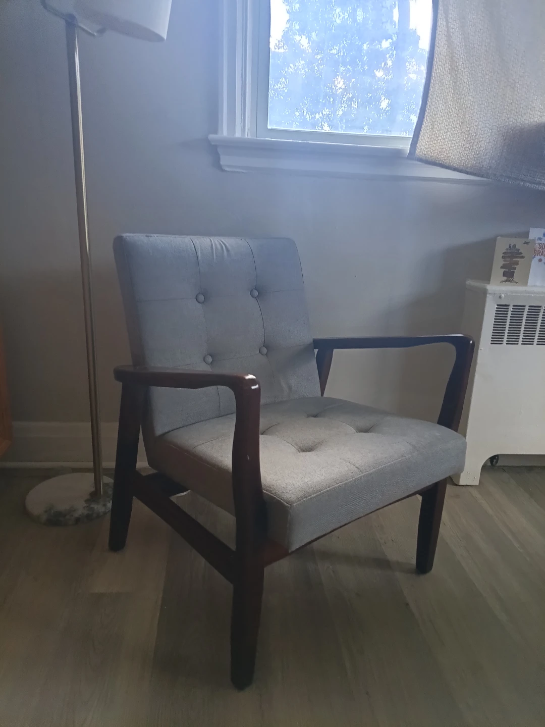 Grey Accent Chair with Wooden Arms