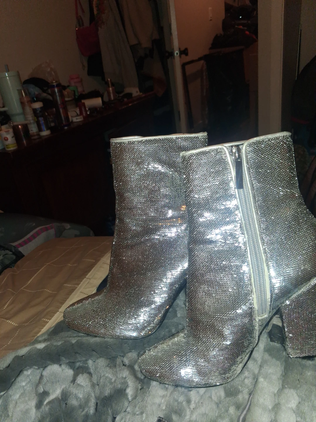Kendall + Kylie Silver Sequin Block Heel Booties