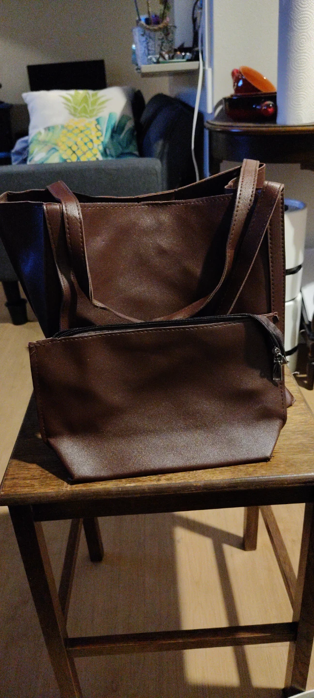 Brown Faux Leather Tote Bag with Pouch
