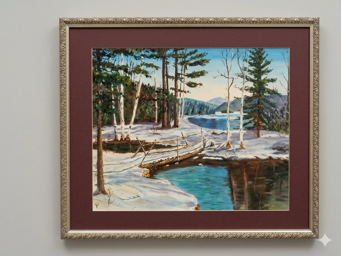 Framed Winter Landscape Painting by L. Yeomans (1970)
