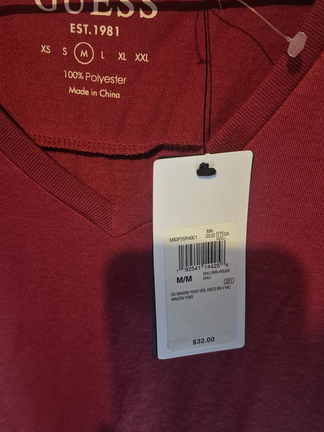 Guess Men's Red V-Neck T-Shirt - Size M - photo 2