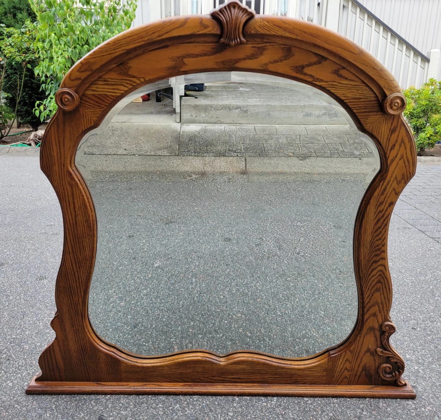 Vintage Solid Oak Framed Mirror – Beveled Glass & Carved Accents - photo 2