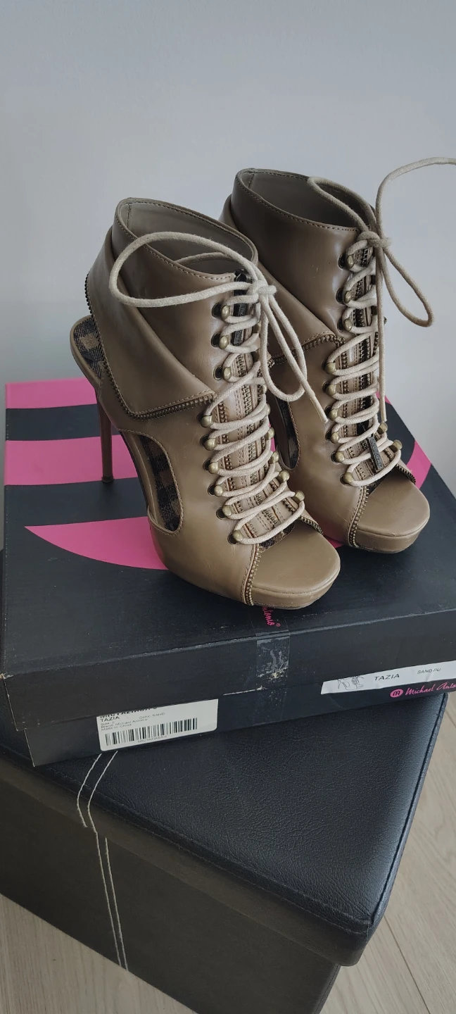 Michael Antonio Women's Taupe Lace-Up Peep-Toe Heels