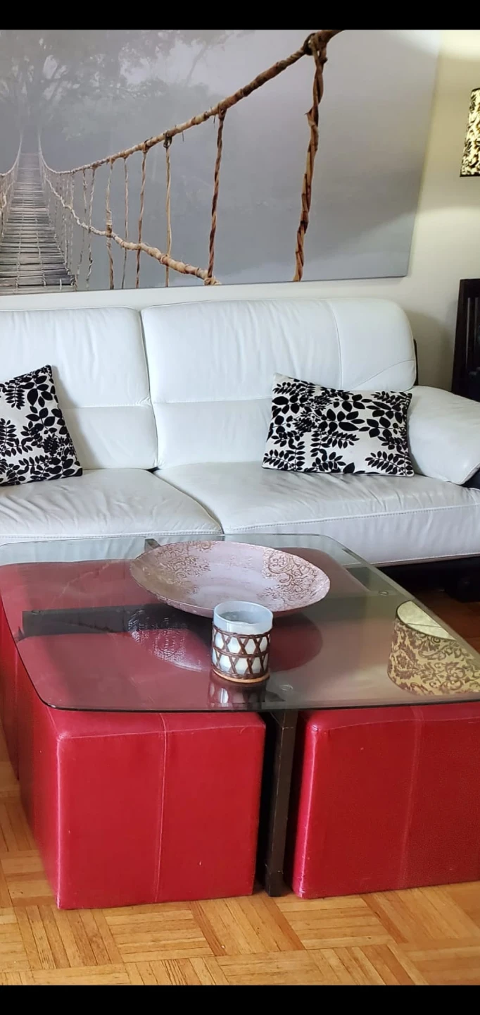 Red Leather Ottoman Coffee Table with Glass Top - photo 2