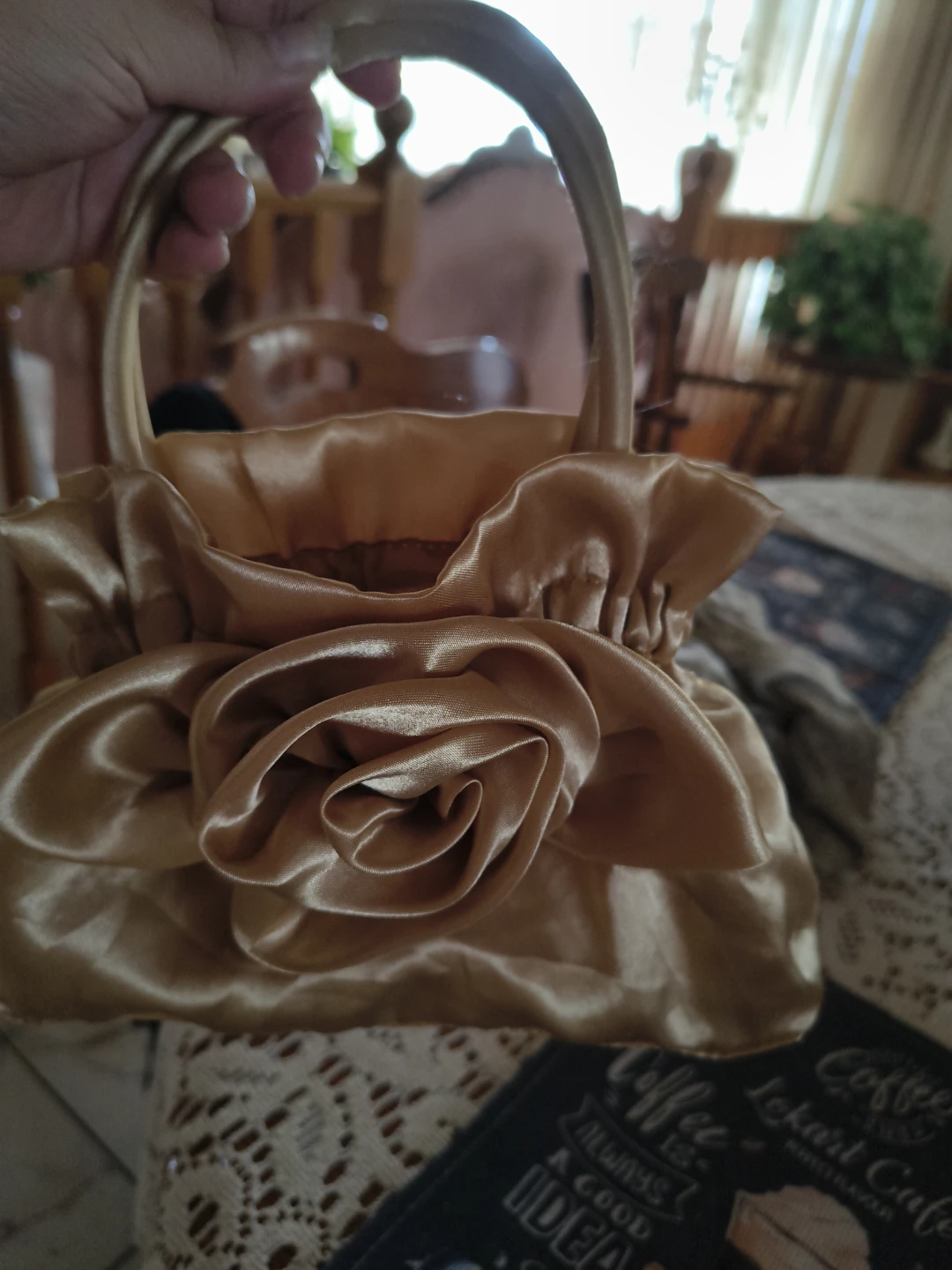 Gold Satin Drawstring Handbag with Rose Accent