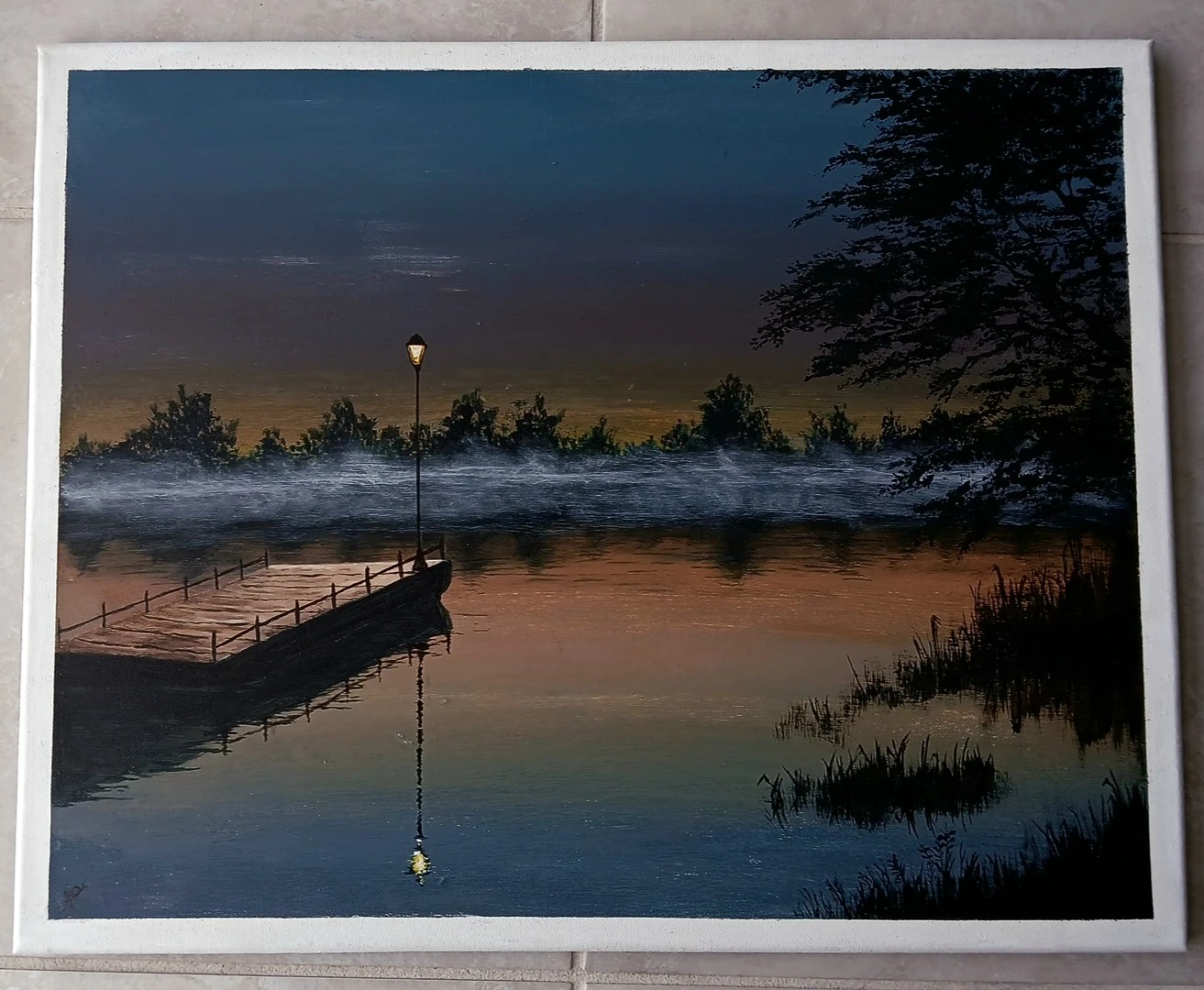 Acrlylic Painting - Lakeside Dock at Dusk