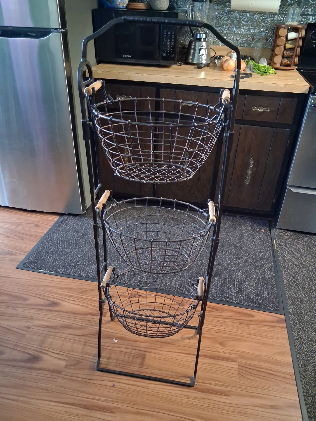 3-Tier Wire Basket Stand with Wooden Handles