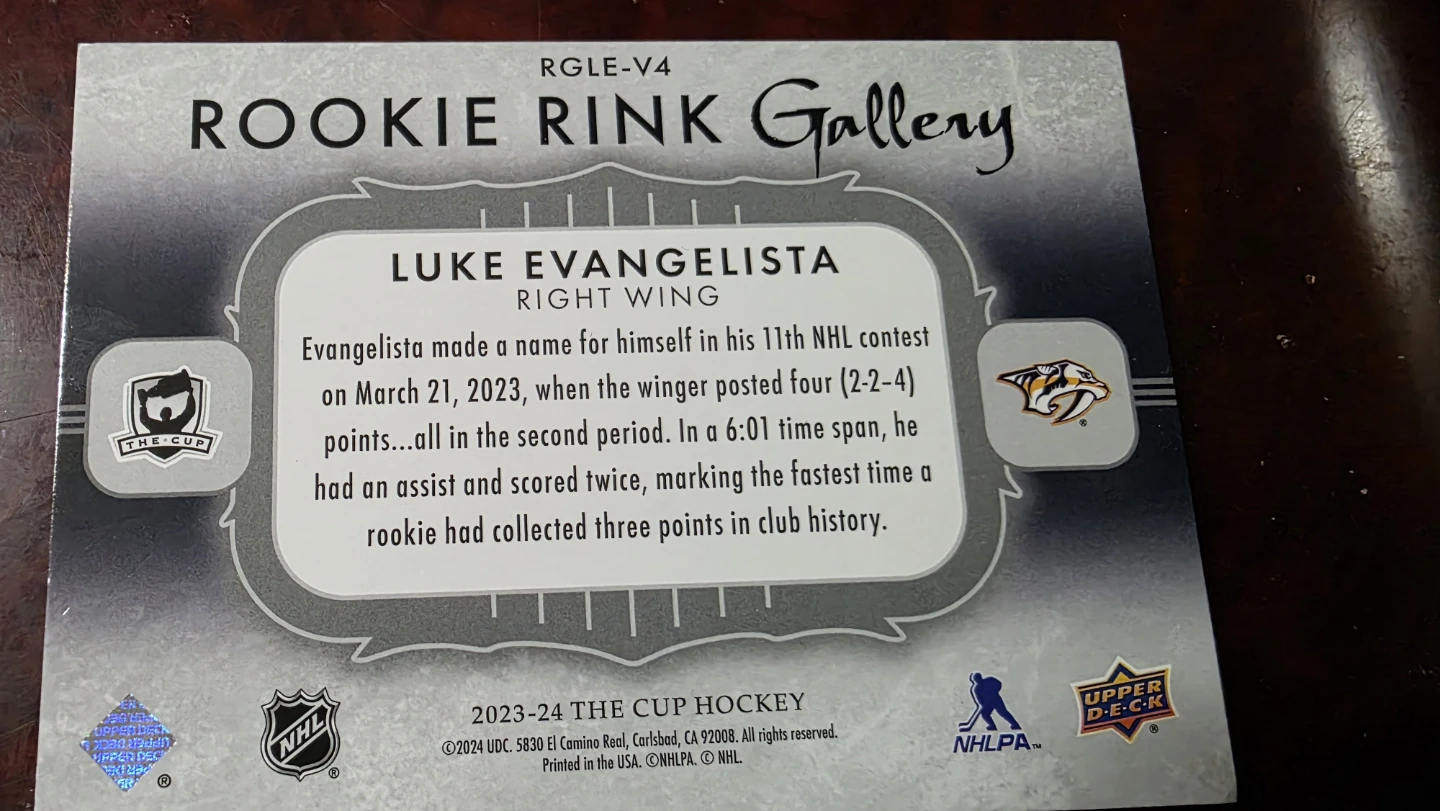 Luke Evangelista Rookie Rink Gallery RC Hockey Card 33/99 - photo 2