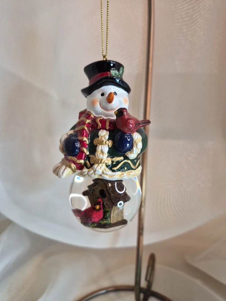 Snowman Snow Globe Hanging Christmas Ornament w/Cardinals