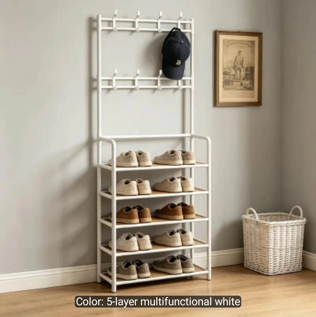 Shoe Rack 5-Tier with Hooks - White - New