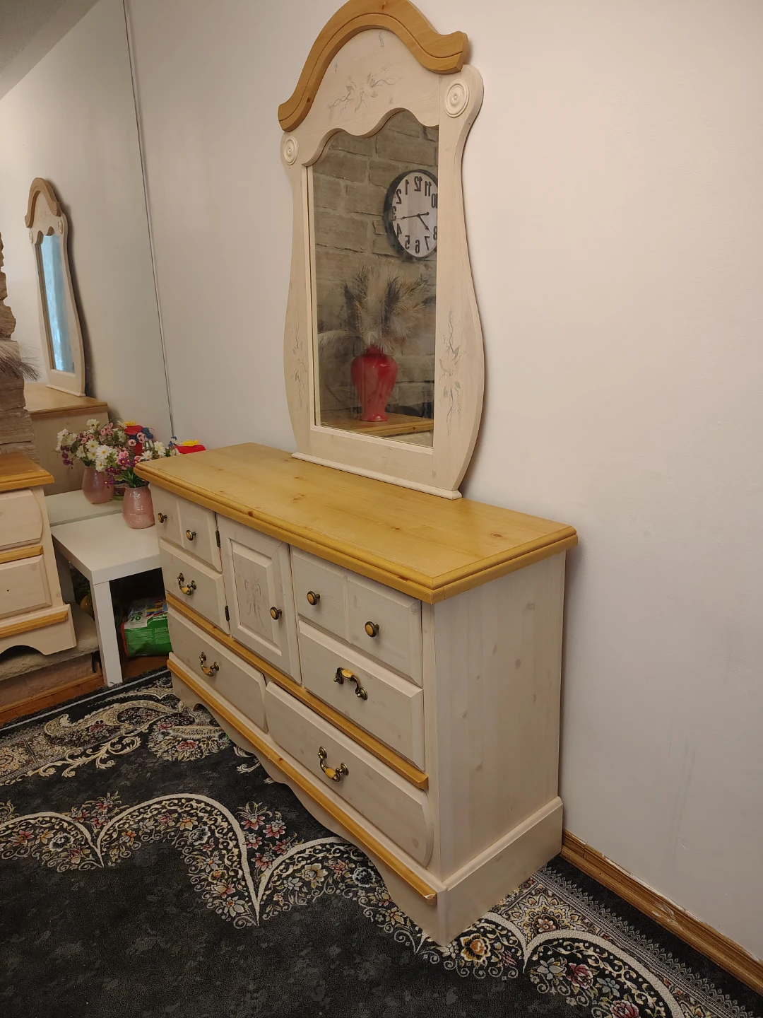 Double bed and Cream Dresser with Mirror and Wood Top - photo 5
