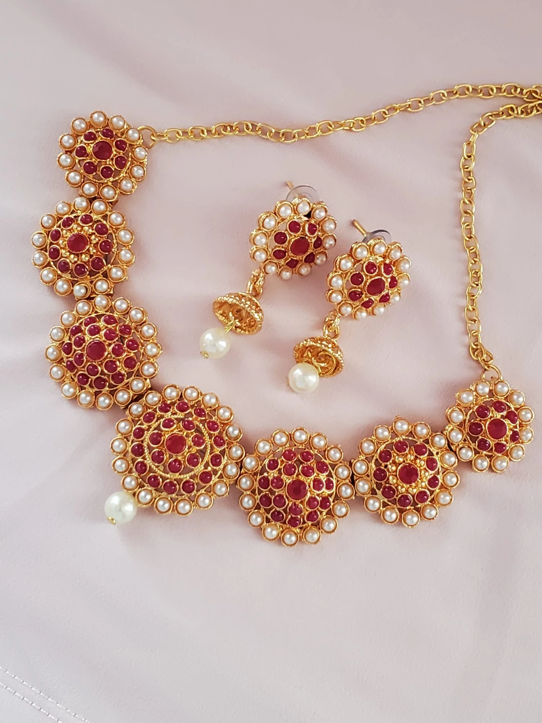 Gold-tone Necklace and Earrings Set with Red and Pearl Accents