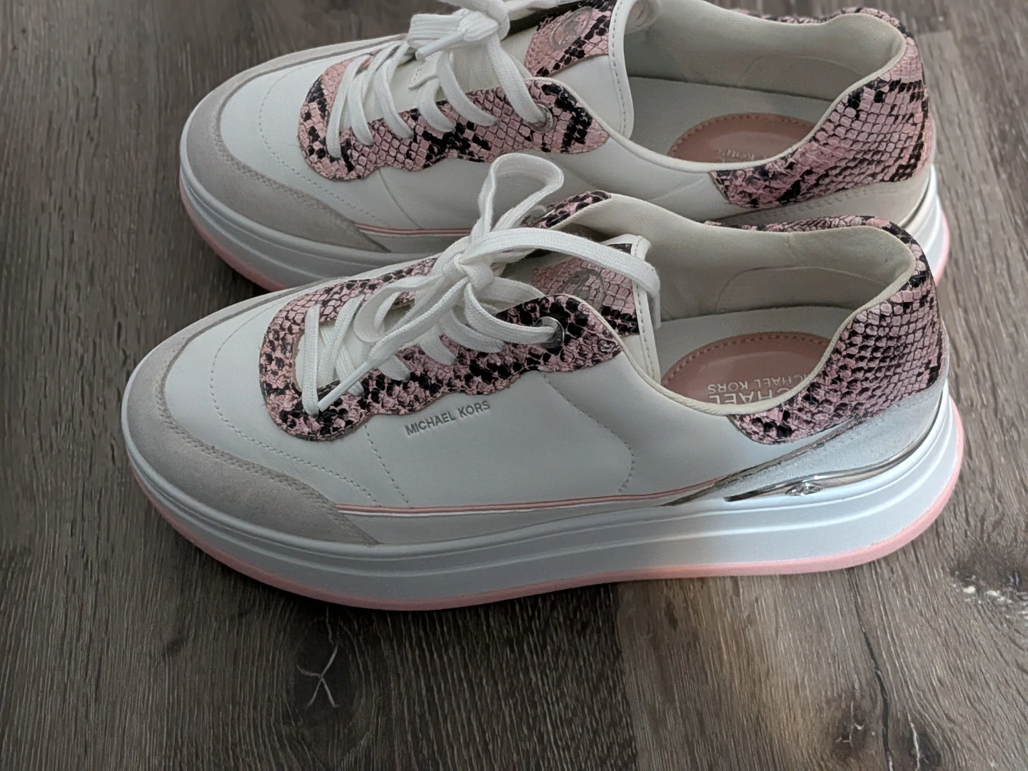 Michael Kors Women's White/Pink Snake Trim Sneakers