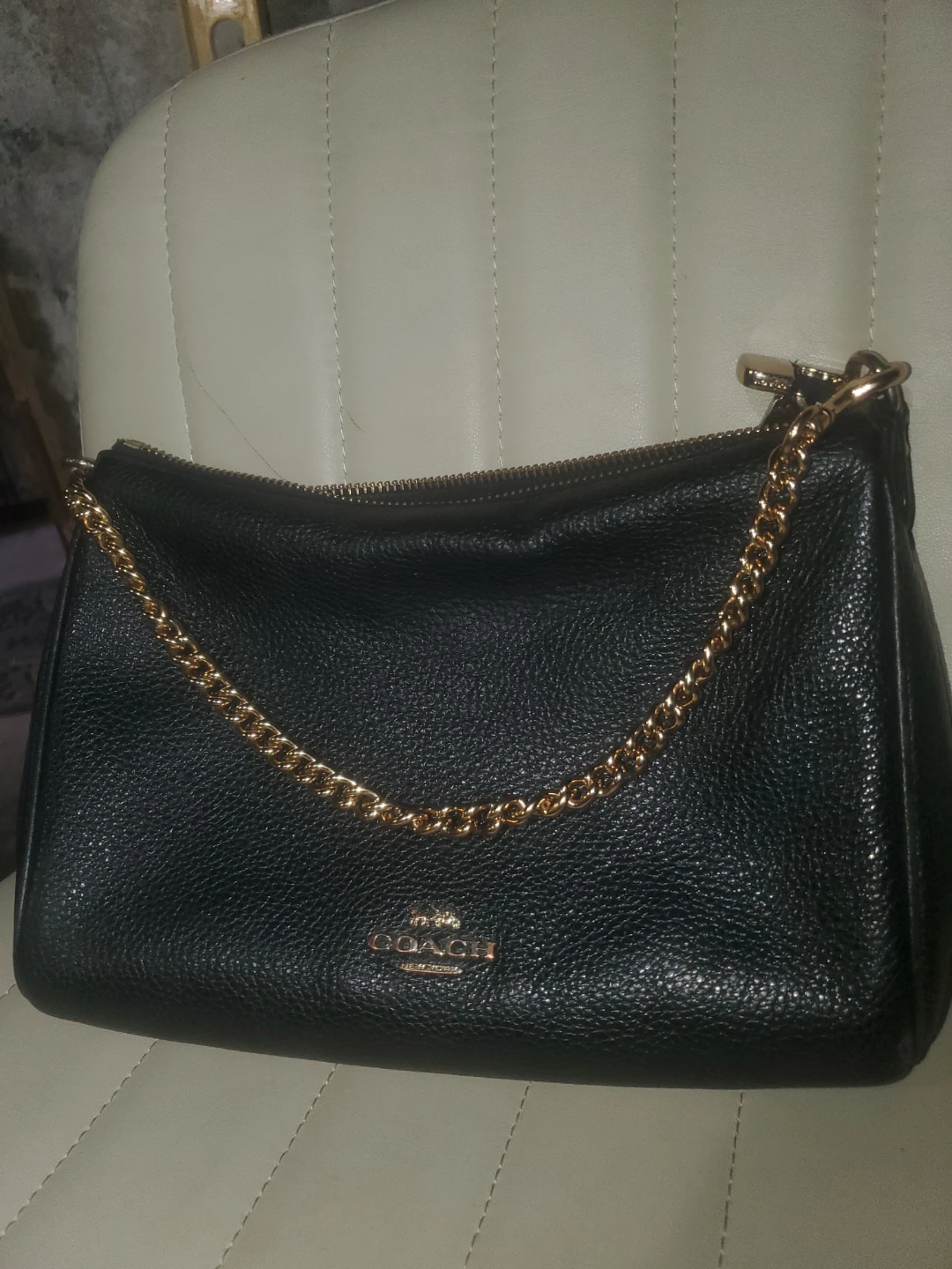 Coach Black Pebble Leather Shoulder Bag with Gold Chain