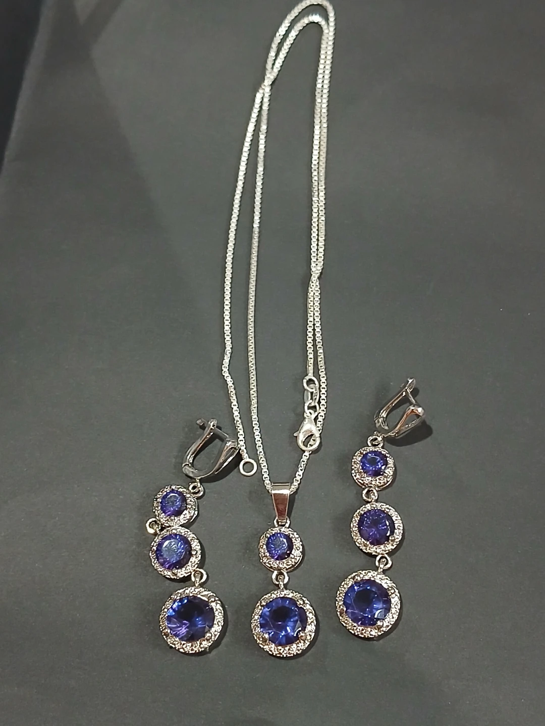 Silver-toned Necklace and Earrings Set with Blue Stones