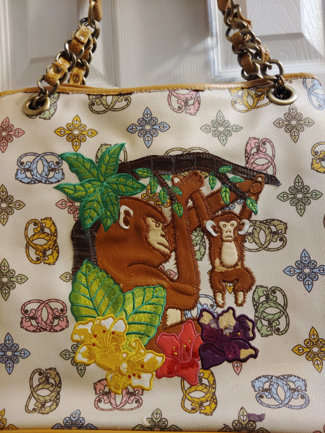 Vintage Sharif Y2K Embroidered Monkey & Tropical Flower Tote Bag - photo 2