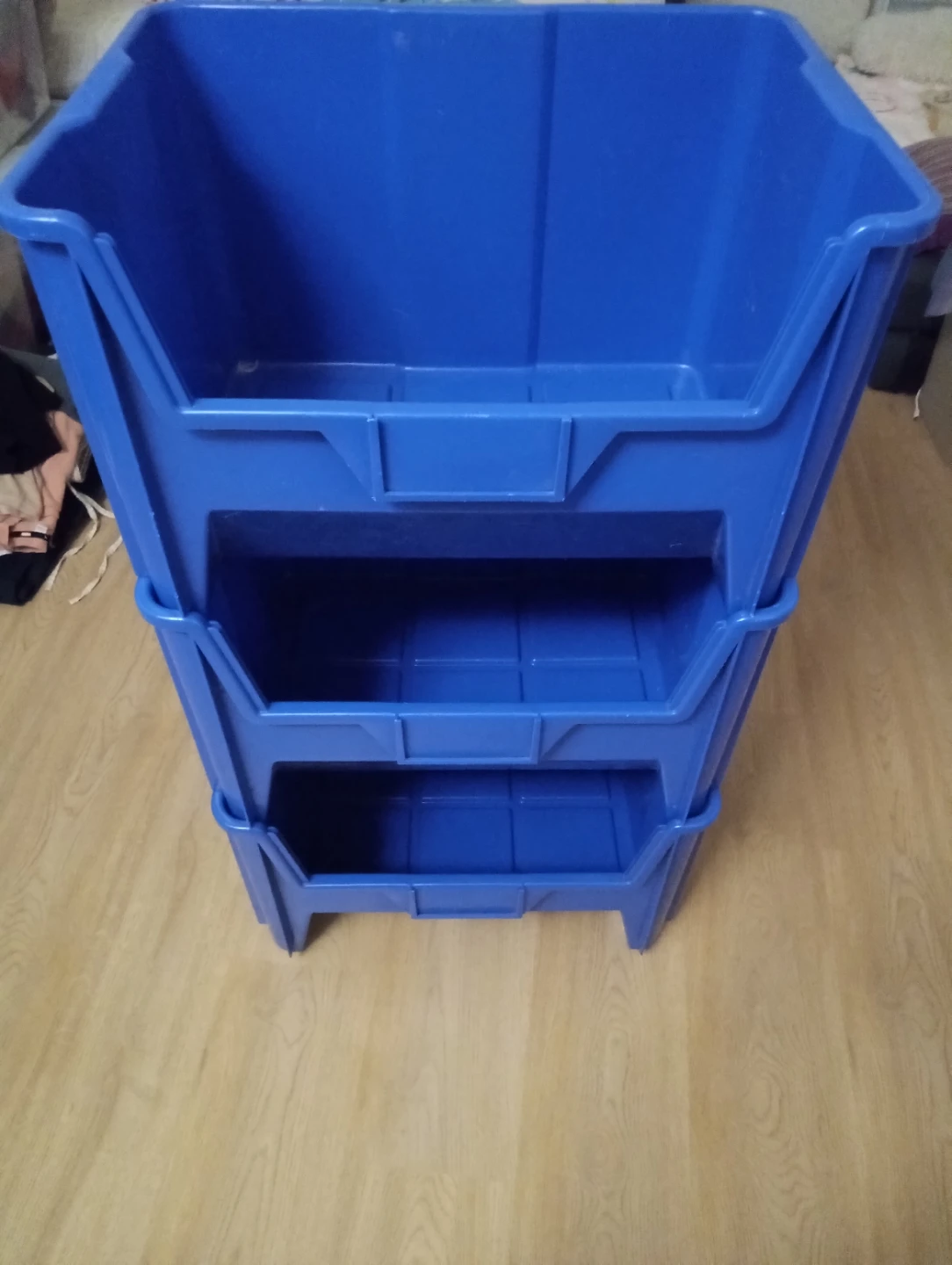 Blue Stackable Storage Bins, W15L19H11, $20 Moving sales.