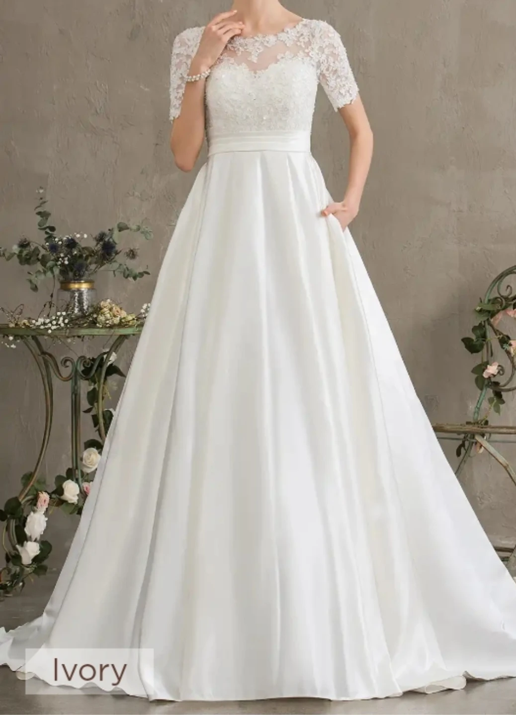 Ivory Wedding Dress with Lace Top and Satin Skirt