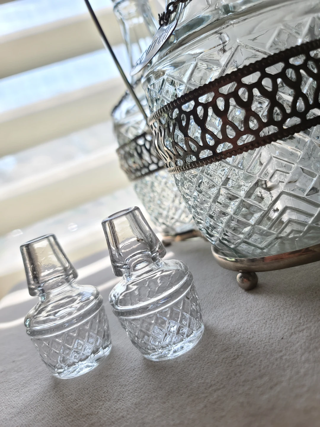 Vintage Cut-Glass Dual Decanter Set with Silver Caddy — $50 - photo 3