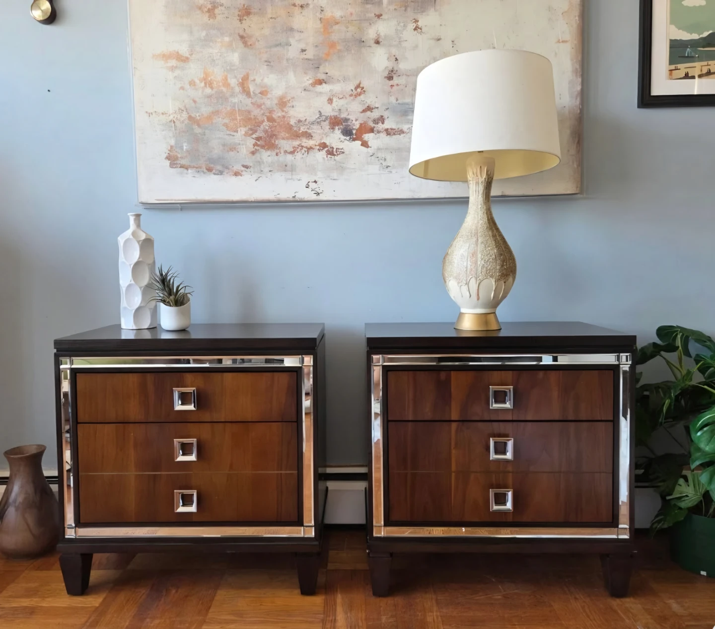 Matching Pair of Modern Three Drawer Nightstands