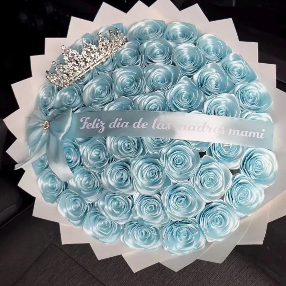 Handmade blue ribbon rose bouquet with crown