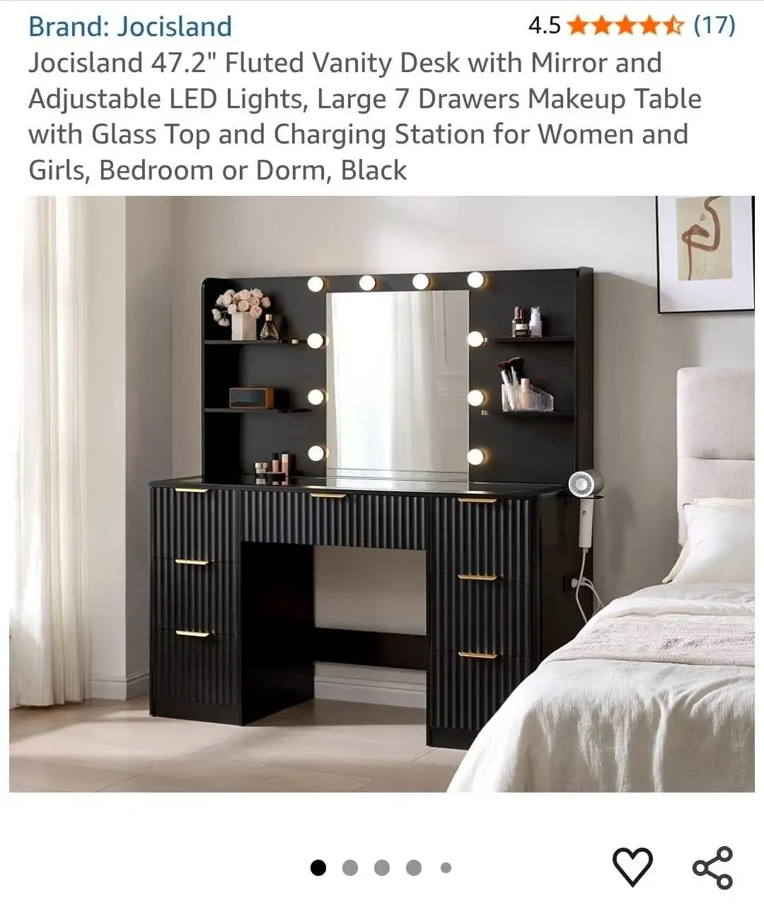 JoFluted Vanity Desk with Mirror & LED Lights - BLACK