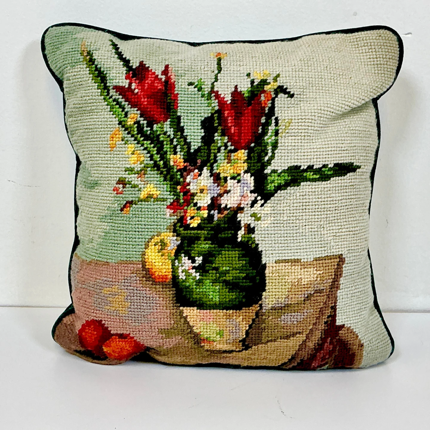 Vintage Mid-Century Needlepoint Tulip & Velvet Pillow