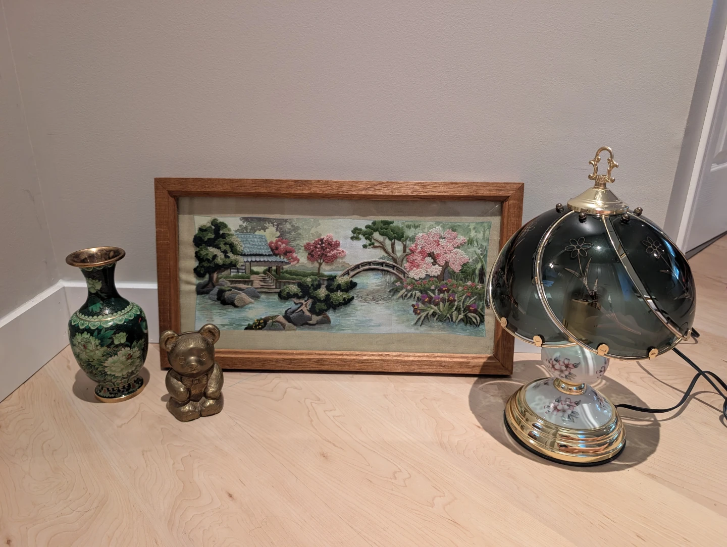 Vintage Oriental Tea Garden crewel framed textile art - photo 4