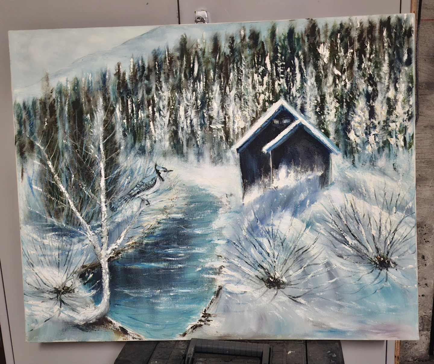 Winter Scene Painting with Blue Jay and Cabin