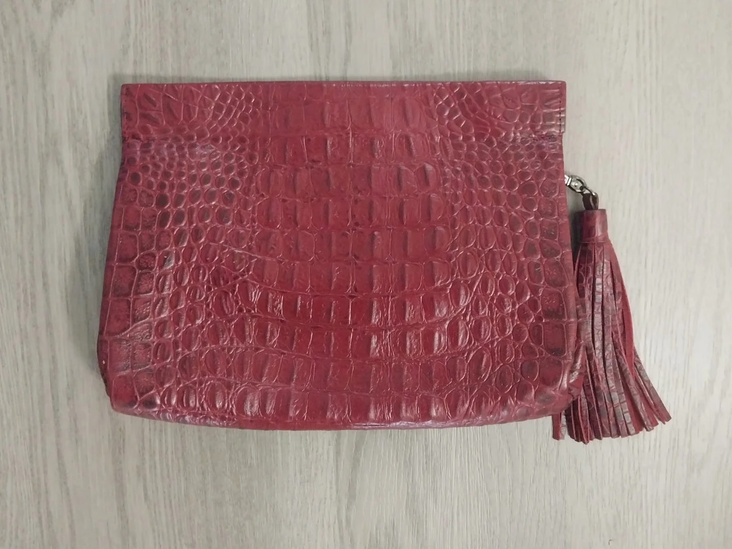 Red Croc Embossed Leather Clutch with Tassel - photo 2