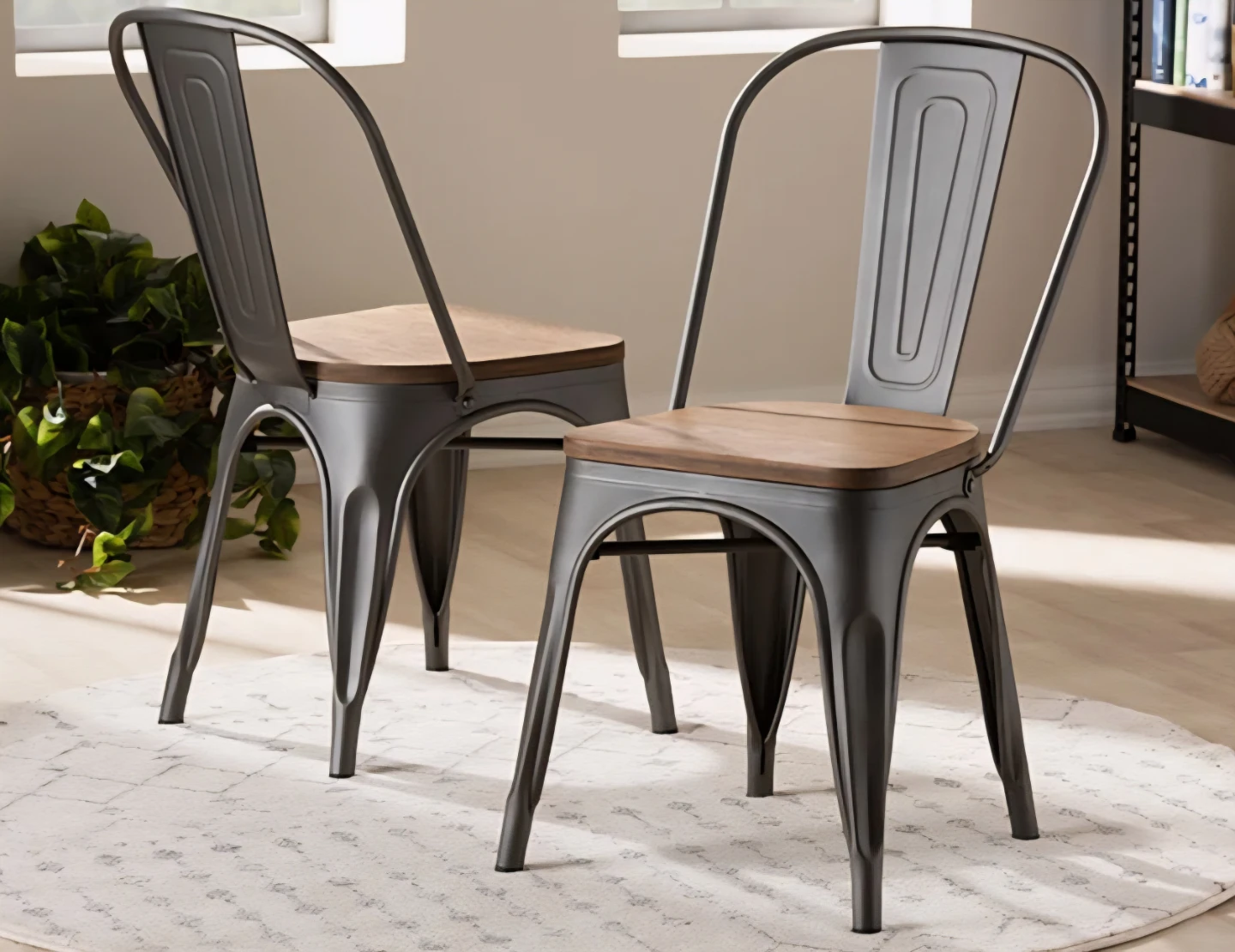 Industrial Style Metal Dining Chairs with Wood Seat - Set of 6