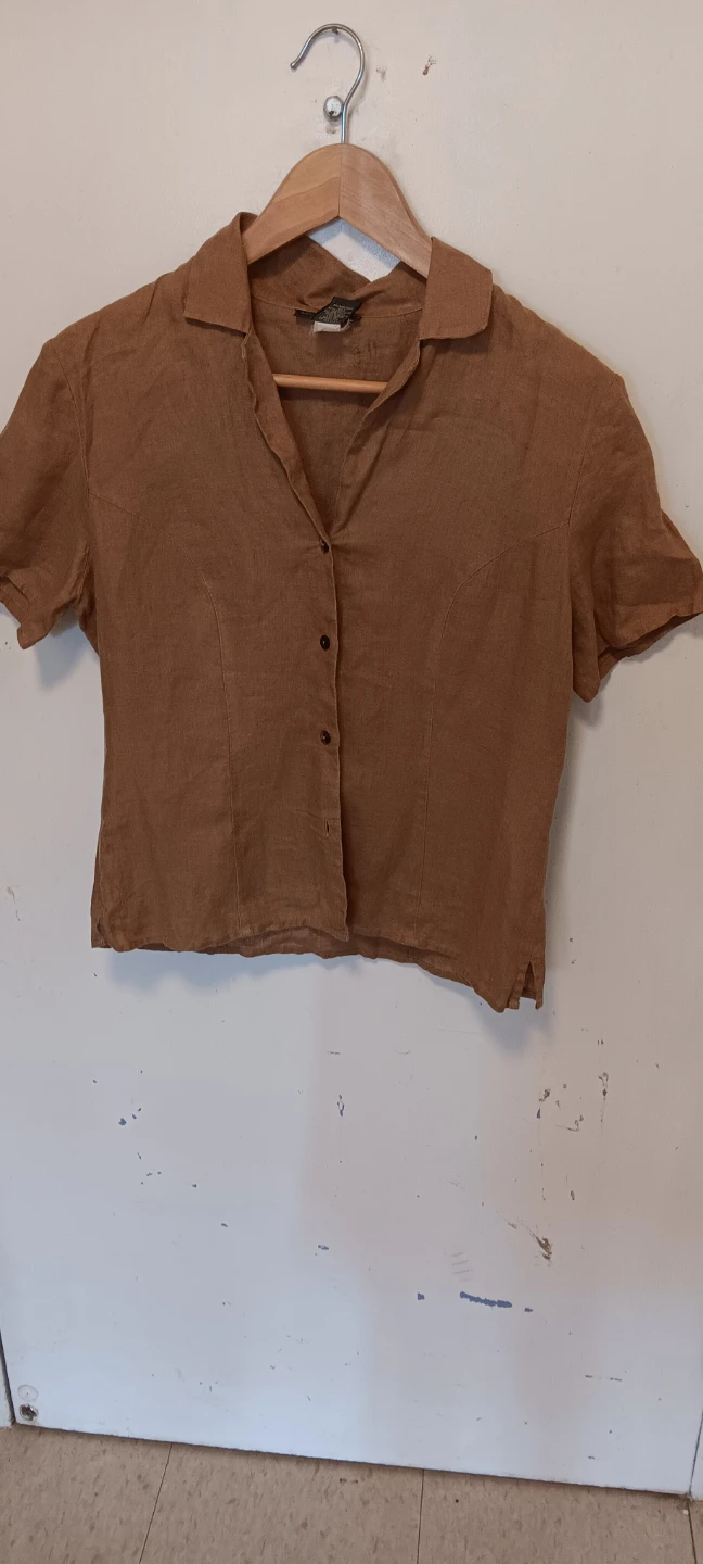 Banana Republic Brown/mustard Linen Blend Short Sleeve Shirt