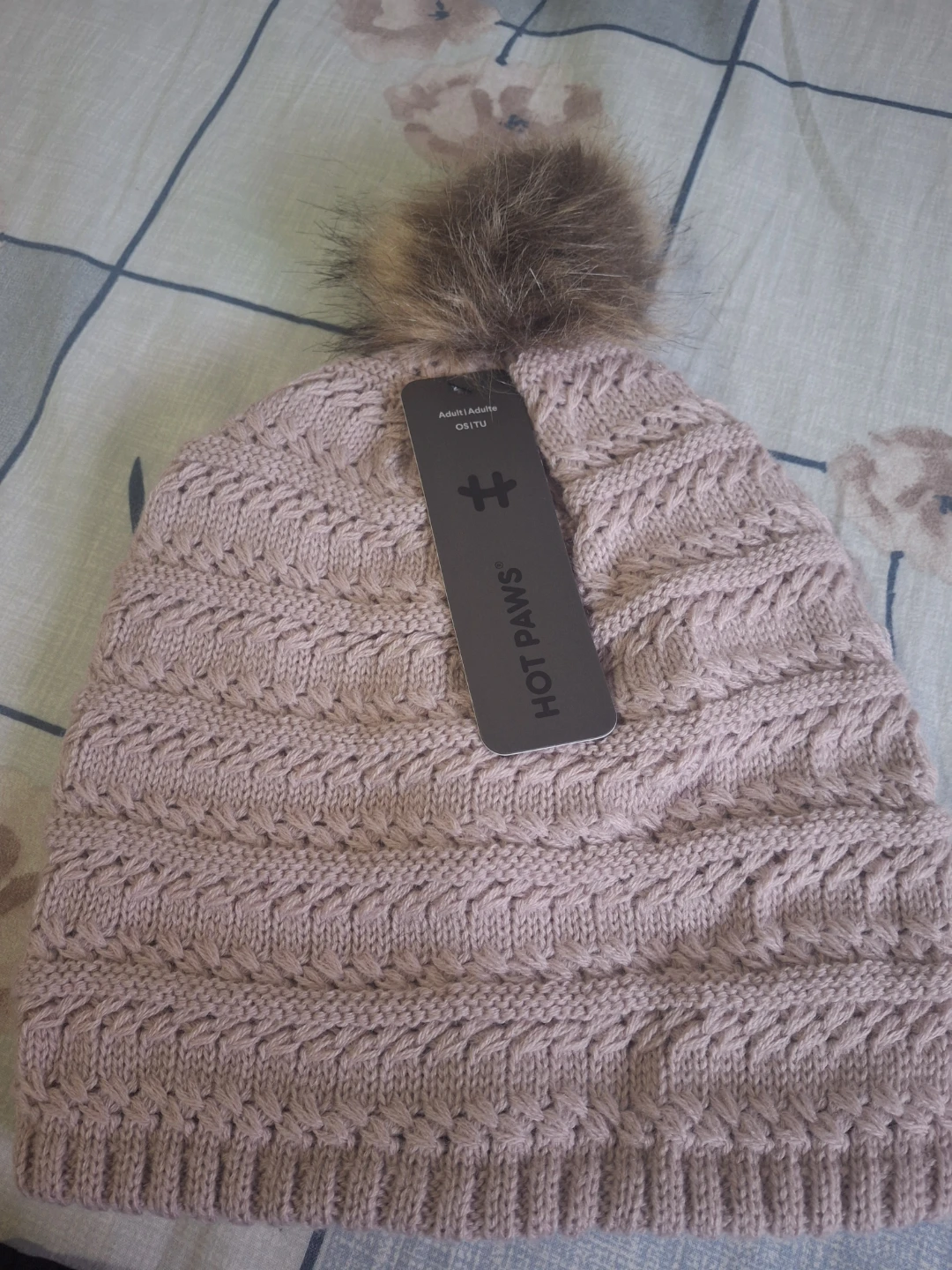 Hot Paws Pink Knit Beanie with Faux Fur Pom
